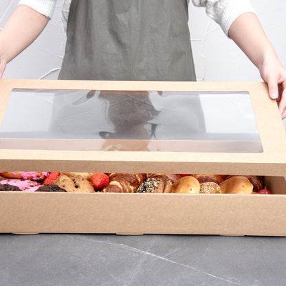 Cater Tek Rectangle Kraft Paper Catering Box - with Window Lid - 22 1/4" x 10" x 3 1/4" - 10 count box