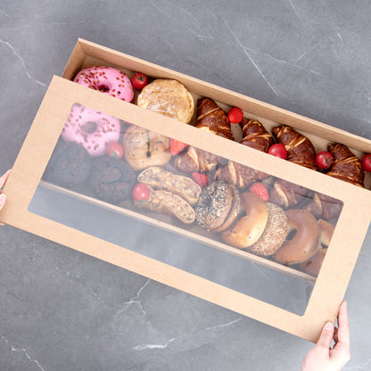 Cater Tek Rectangle Kraft Paper Catering Box - with Window Lid - 22 1/4" x 10" x 3 1/4" - 10 count box