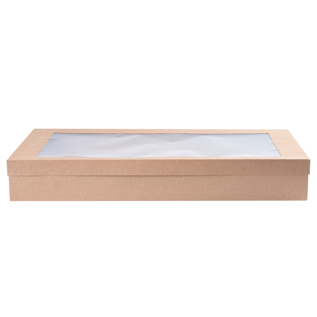 Cater Tek Rectangle Kraft Paper Catering Box - with Window Lid - 22 1/4" x 10" x 3 1/4" - 100 count box