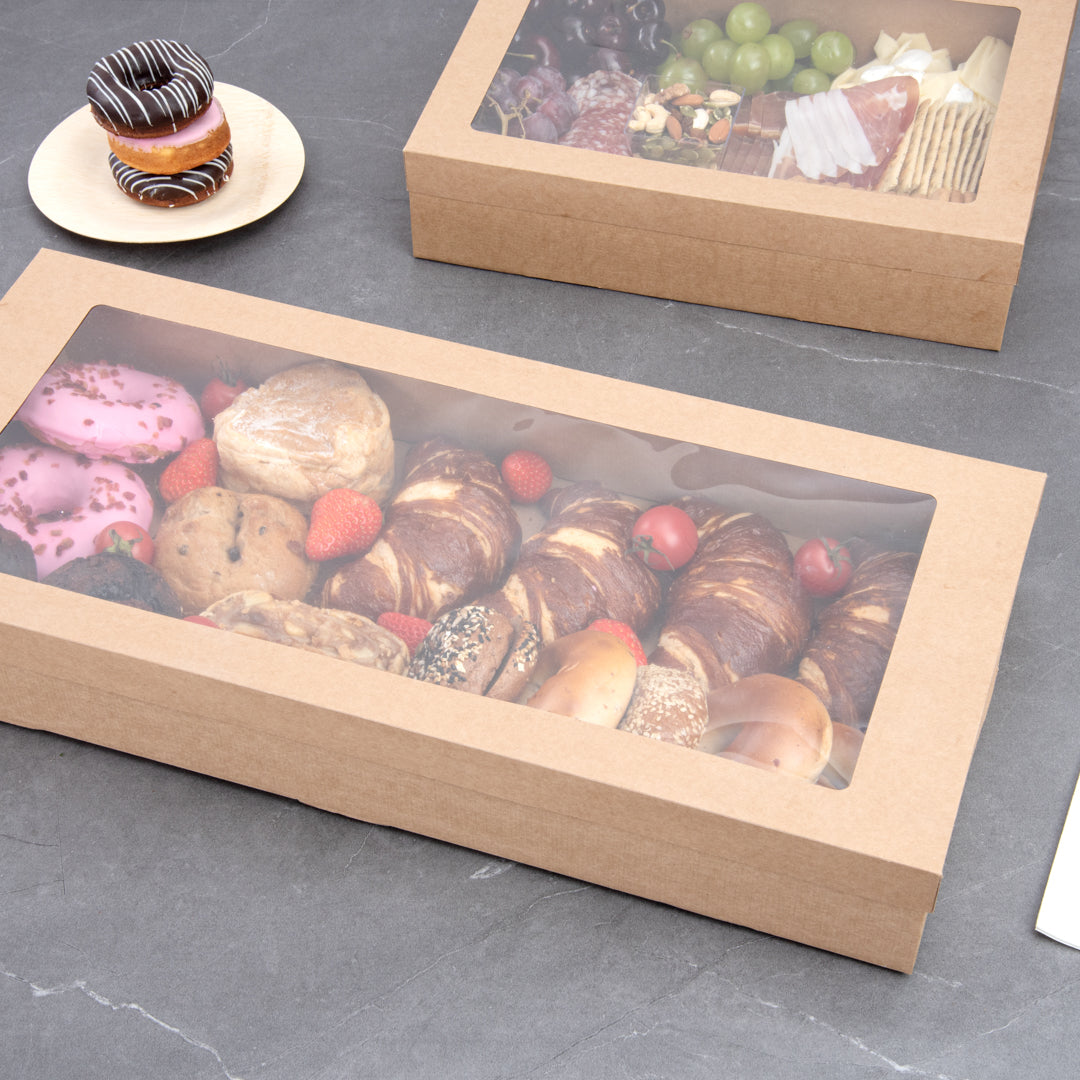 Cater Tek Rectangle Kraft Paper Catering Box - with Window Lid - 22 1/4" x 10" x 3 1/4" - 100 count box