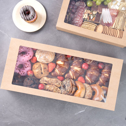 Cater Tek Rectangle Kraft Paper Catering Box - with Window Lid - 22 1/4" x 10" x 3 1/4" - 100 count box