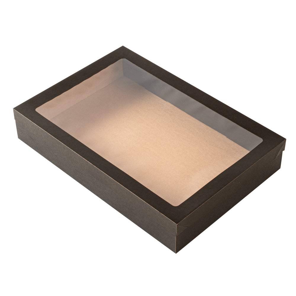 Cater Tek Rectangle Black Paper Catering Box - with Window Lid - 18" x 12 1/4" x 3 1/4" - 10 count box