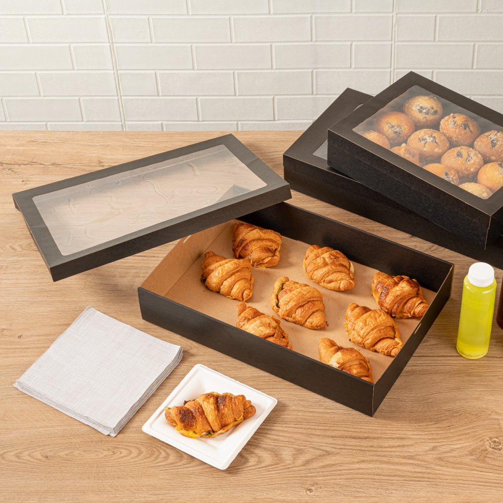 Cater Tek Rectangle Black Paper Catering Box - with Window Lid - 18" x 12 1/4" x 3 1/4" - 10 count box