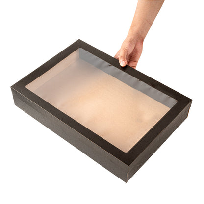 Cater Tek Rectangle Black Paper Catering Box - with Window Lid - 18" x 12 1/4" x 3 1/4" - 100 count box