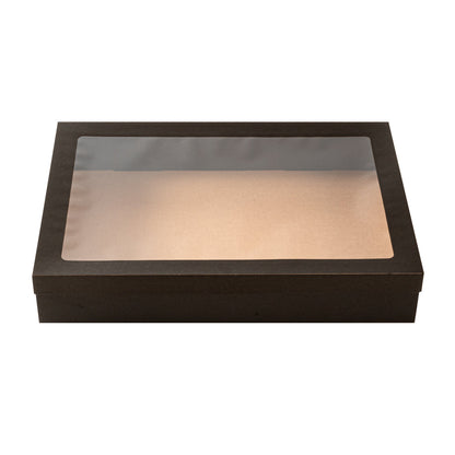 Cater Tek Rectangle Black Paper Catering Box - with Window Lid - 18" x 12 1/4" x 3 1/4" - 100 count box
