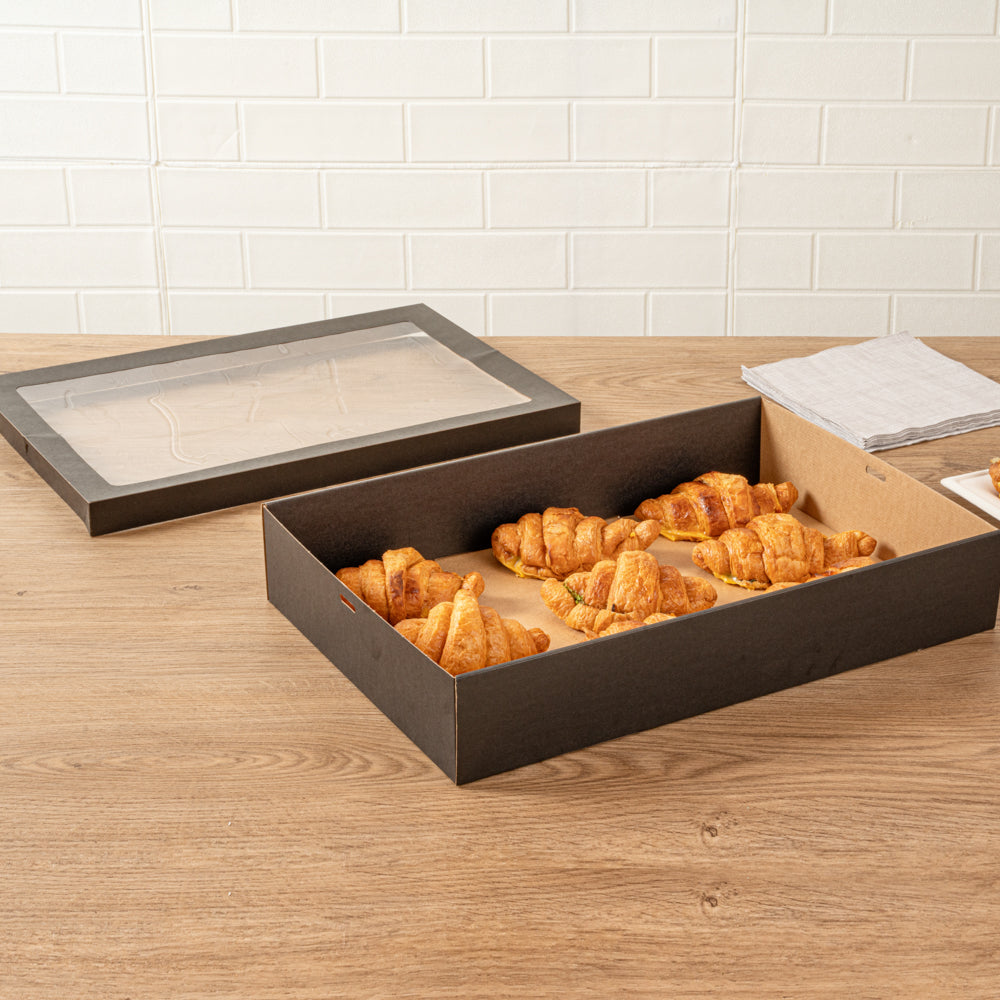 Cater Tek Rectangle Black Paper Catering Box - with Window Lid - 18" x 12 1/4" x 3 1/4" - 100 count box