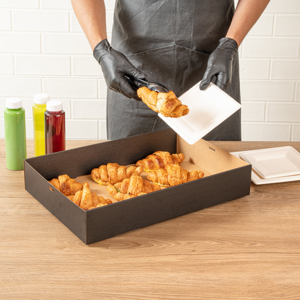 Cater Tek Rectangle Black Paper Catering Box - with Window Lid - 18" x 12 1/4" x 3 1/4" - 100 count box