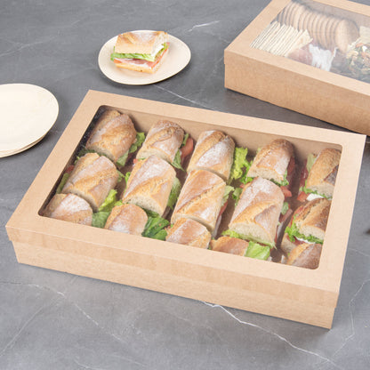 Cater Tek Rectangle Kraft Paper Catering Box - with Window Lid - 18" x 12 1/4" x 3 1/4" - 10 count box