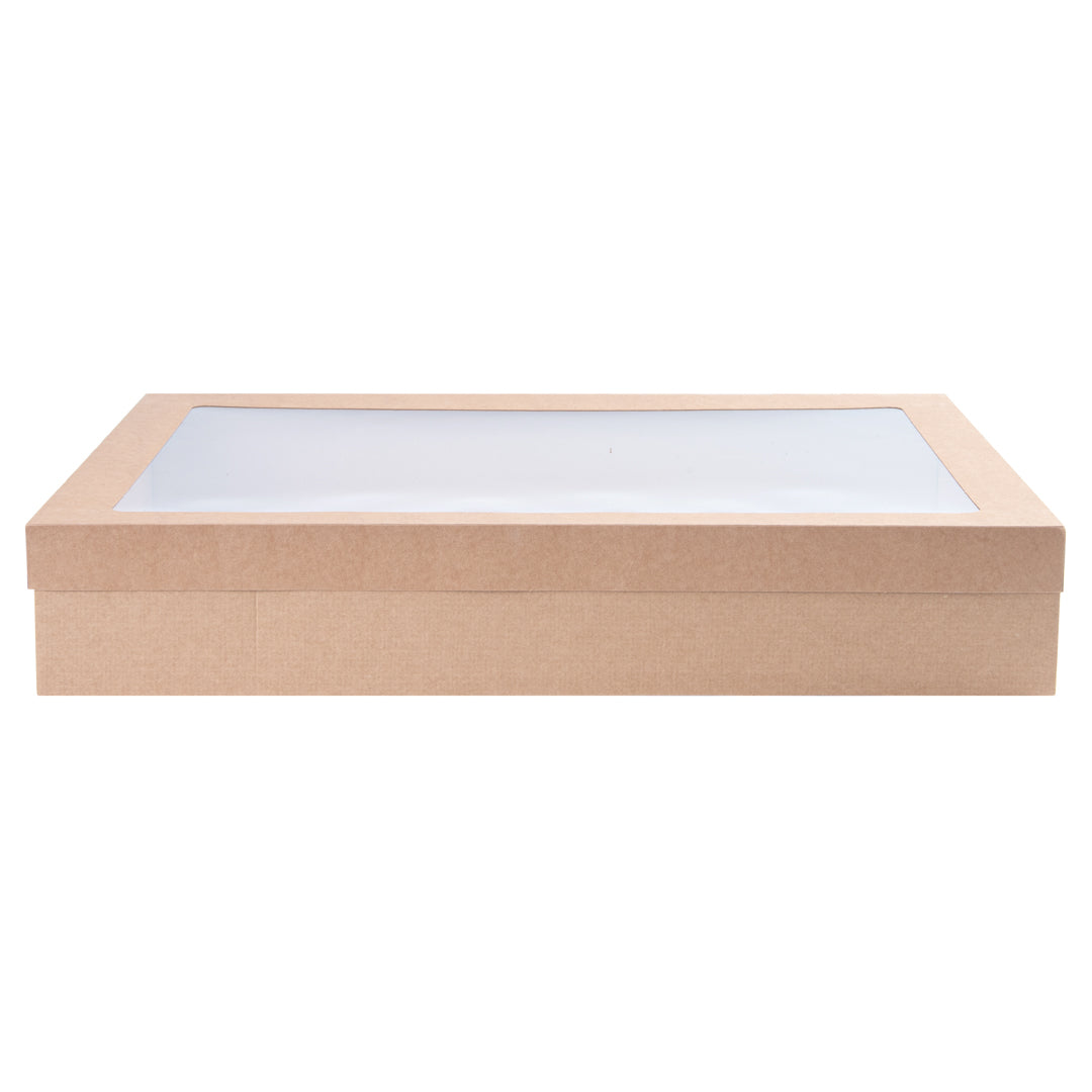 Cater Tek Rectangle Kraft Paper Catering Box - with Window Lid - 18" x 12 1/4" x 3 1/4" - 100 count box