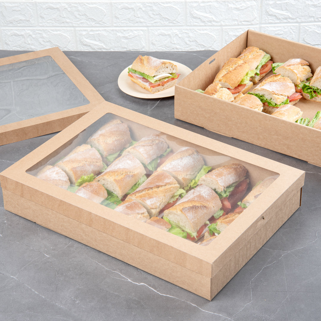 Cater Tek Rectangle Kraft Paper Catering Box - with Window Lid - 18" x 12 1/4" x 3 1/4" - 100 count box