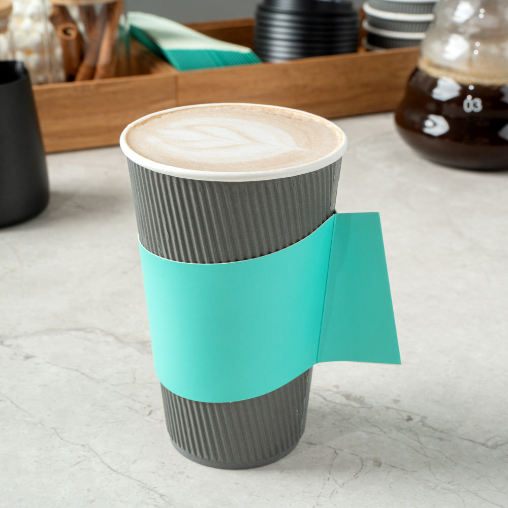 Restpresso Turquoise Paper Coffee Cup Sleeve - with Handle, Fits 12 / 16 / 20 oz Cups - 1000 count box