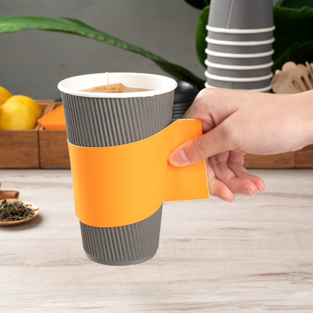 Restpresso Orange Paper Coffee Cup Sleeve - with Handle, Fits 12 / 16 / 20 oz Cups - 50 count box