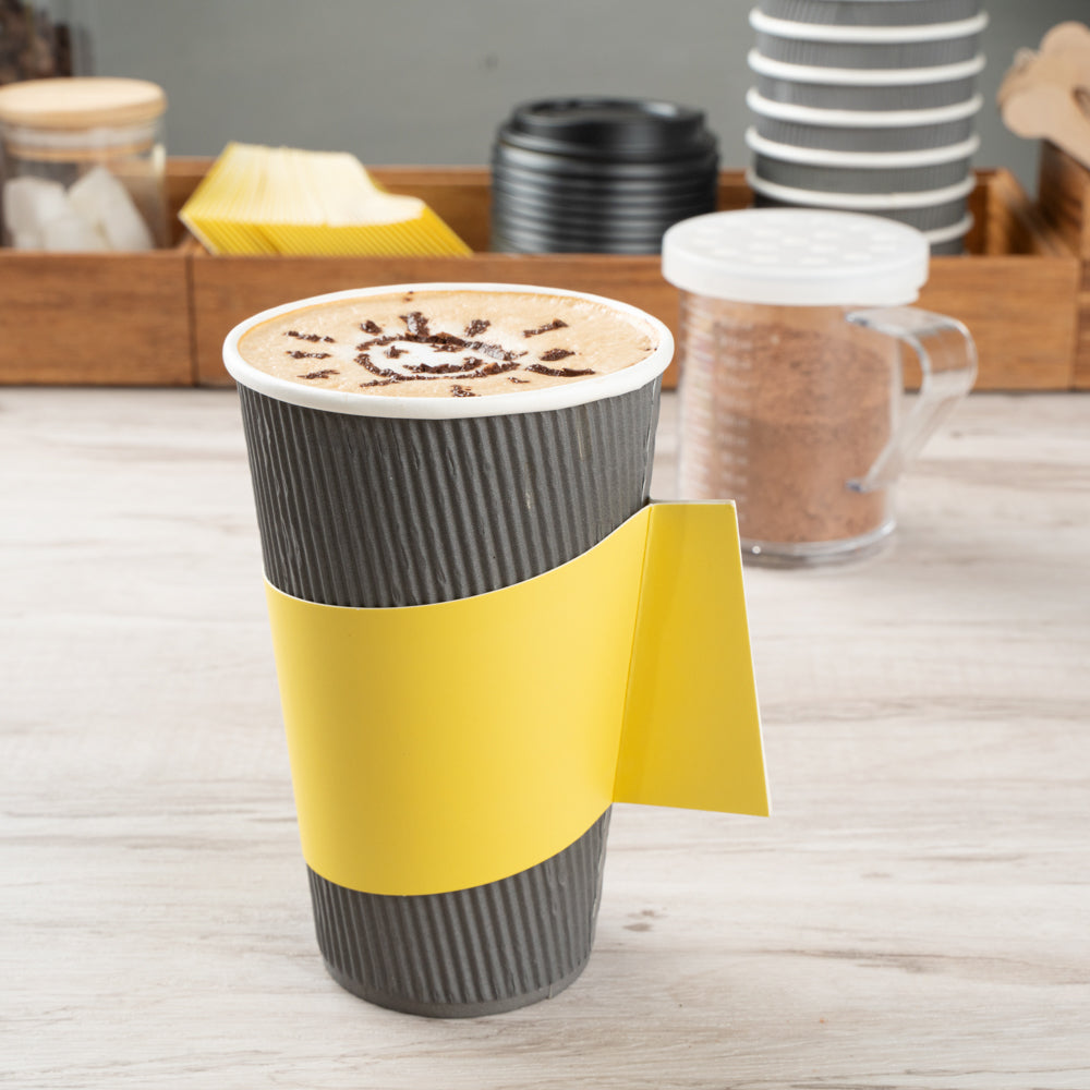 Restpresso Yellow Paper Coffee Cup Sleeve - with Handle, Fits 12 / 16 / 20 oz Cups - 1000 count box