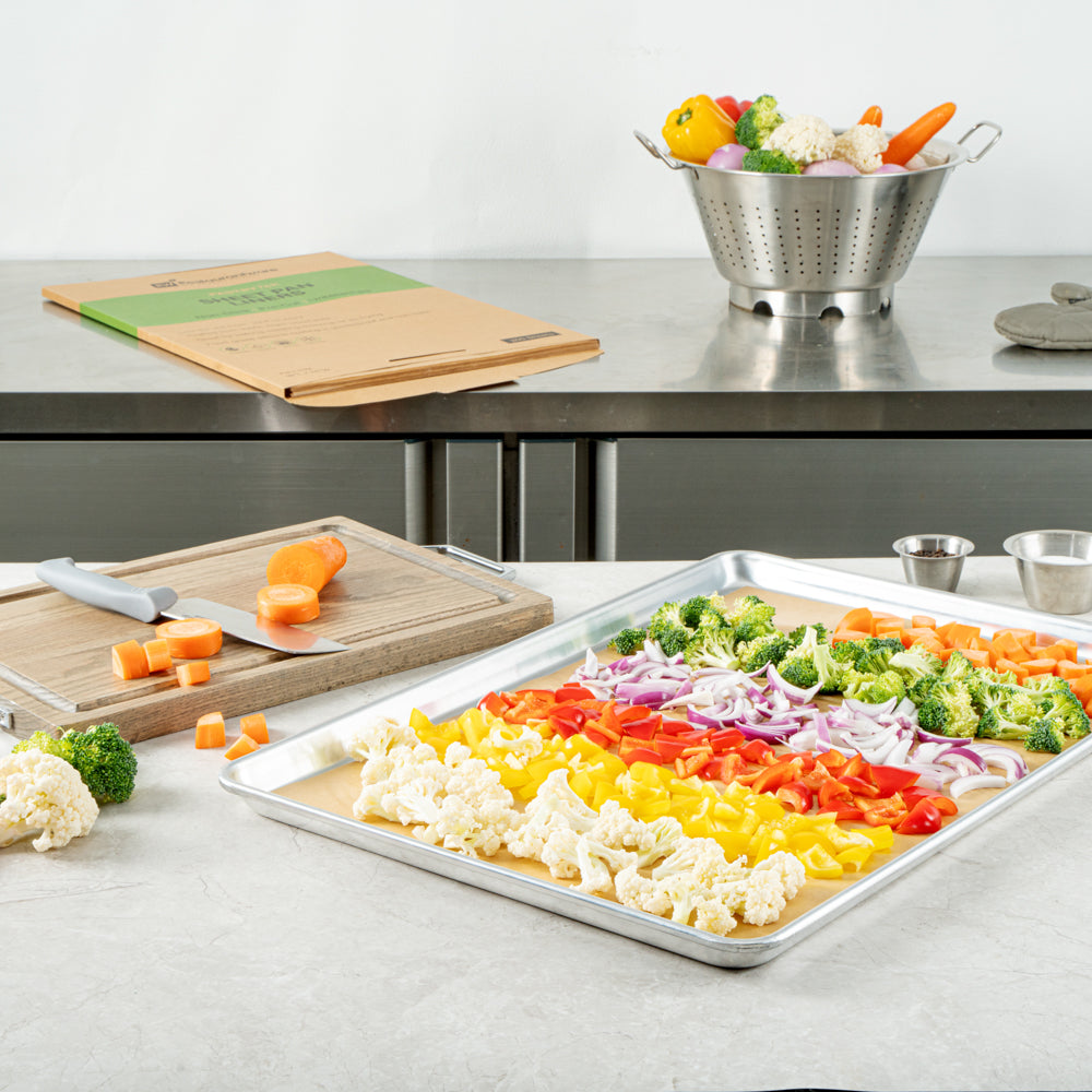 Pastry Tek Unbleached Parchment Paper Full Size Sheet Pan Liner - Silicone Coated, Compostable - 16" x 24" - 200 count box