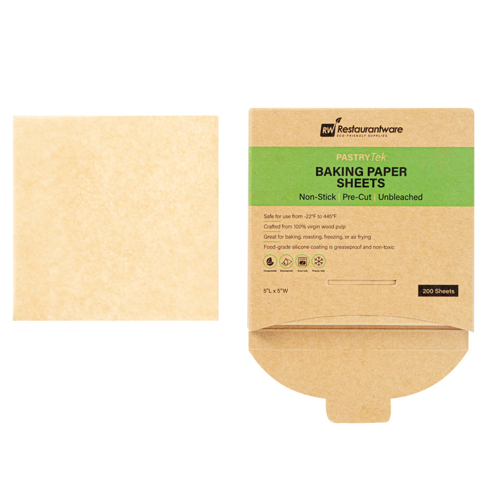 Pastry Tek Unbleached Parchment Paper Baking Sheet - Precut, Silicone Coated, Compostable - 5" x 5" - 200 count box
