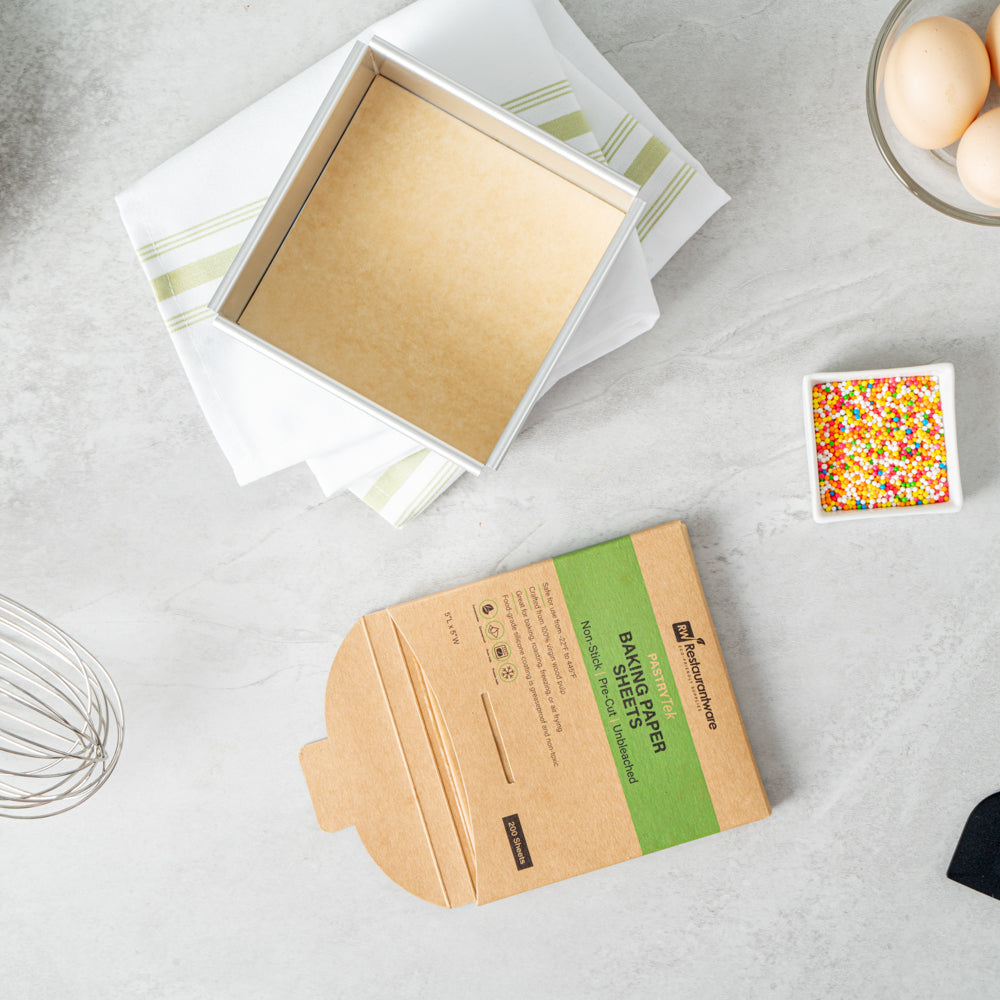 Pastry Tek Unbleached Parchment Paper Baking Sheet - Precut, Silicone Coated, Compostable - 5" x 5" - 1000 count box