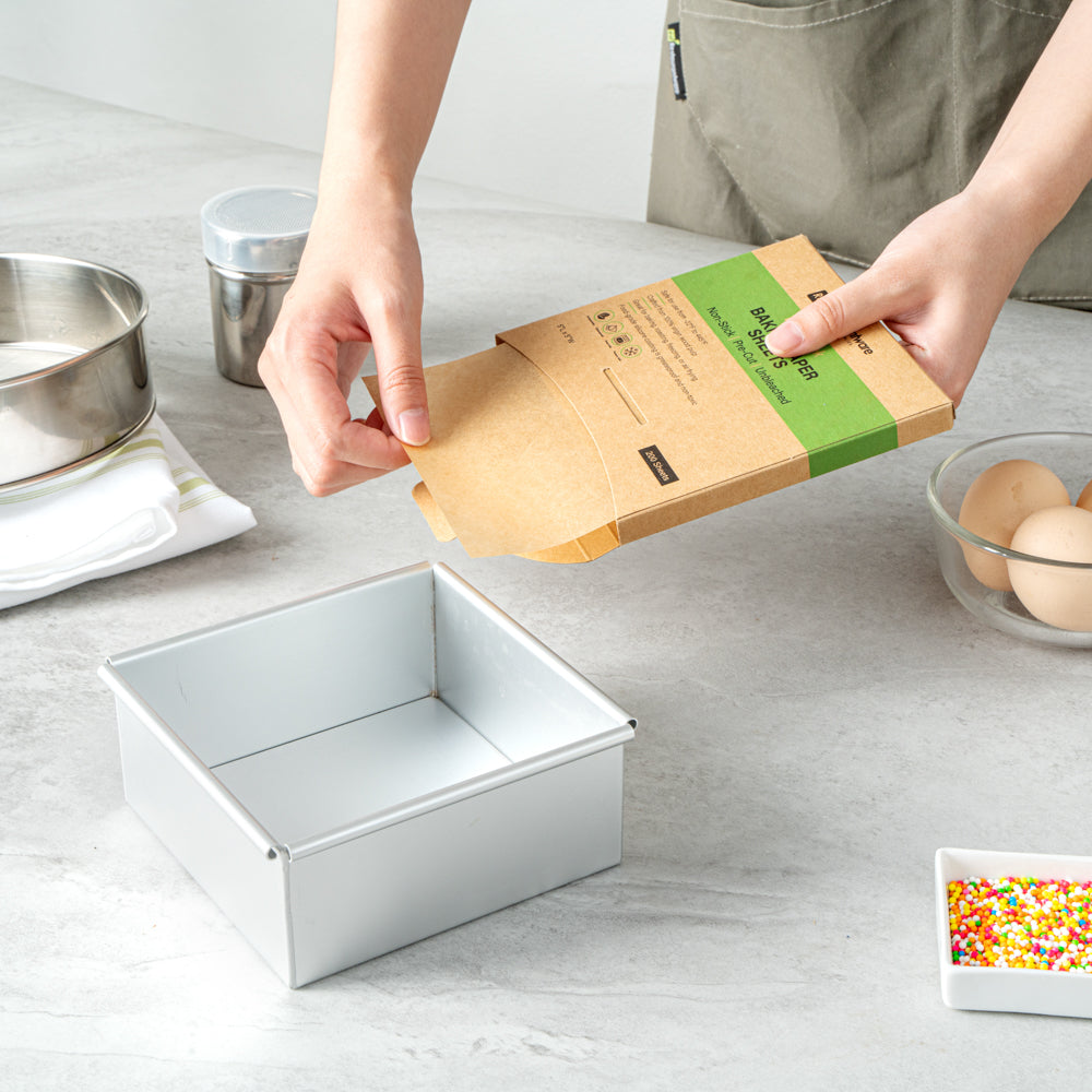 Pastry Tek Unbleached Parchment Paper Baking Sheet - Precut, Silicone Coated, Compostable - 5" x 5" - 1000 count box