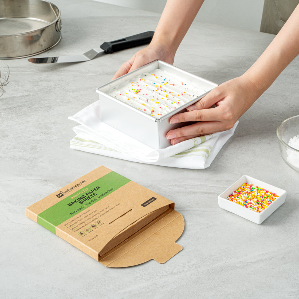 Pastry Tek Unbleached Parchment Paper Baking Sheet - Precut, Silicone Coated, Compostable - 5" x 5" - 1000 count box