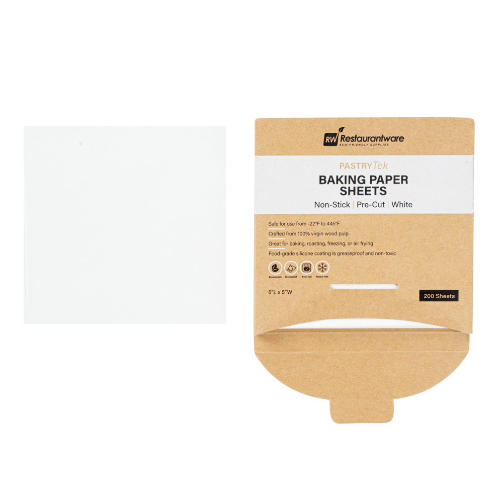 Pastry Tek White Parchment Paper Baking Sheet - Precut, Silicone Coated, Compostable - 5" x 5" - 200 count box