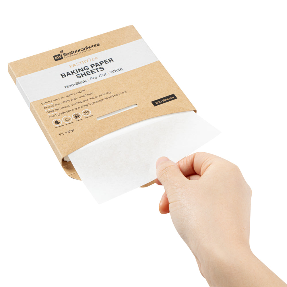 Pastry Tek White Parchment Paper Baking Sheet - Precut, Silicone Coated, Compostable - 5" x 5" - 200 count box