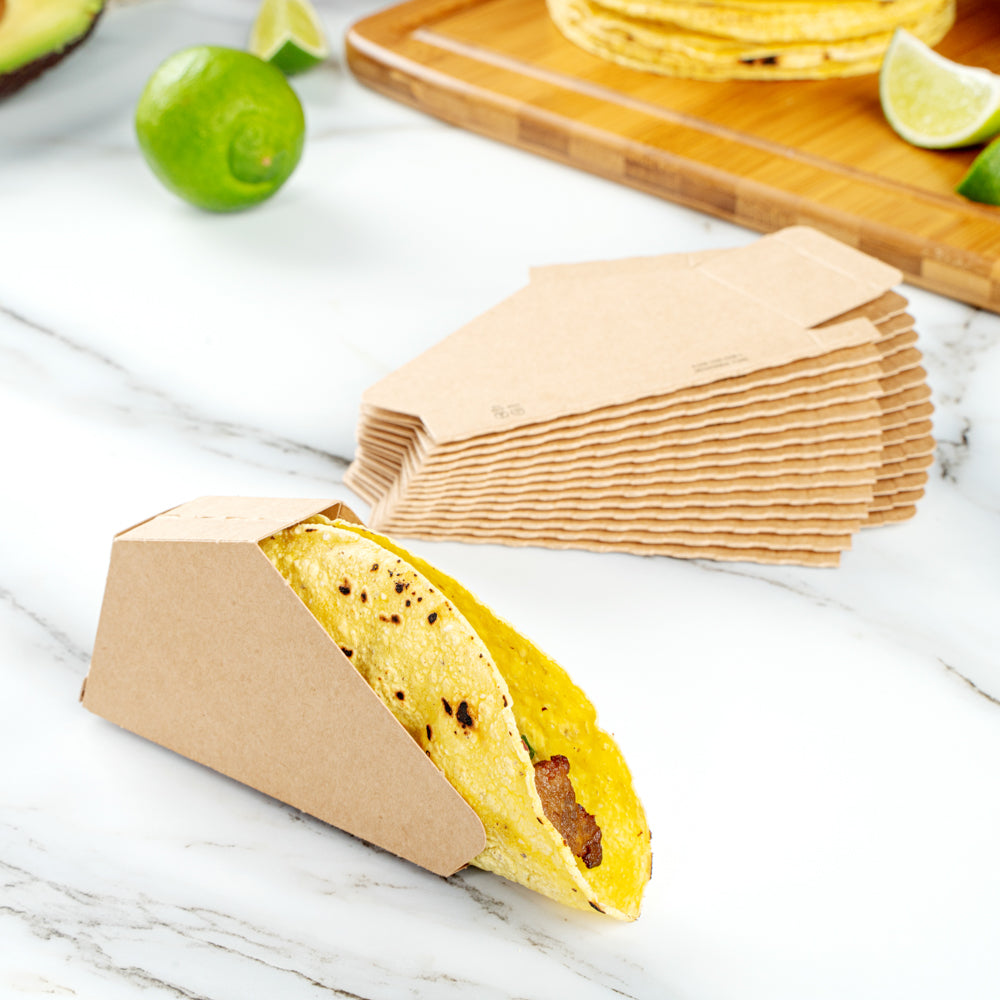 Bio Tek Kraft Paper Small Taco Holder - Greaseproof - 4" x 1 1/4" x 2 1/4" - 200 count box