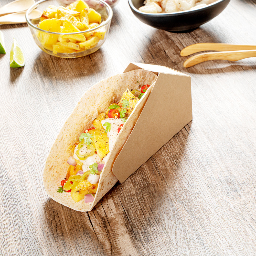 Bio Tek Kraft Paper Large Taco Holder - Greaseproof - 6 1/4" x 2" x 3 3/4" - 200 count box
