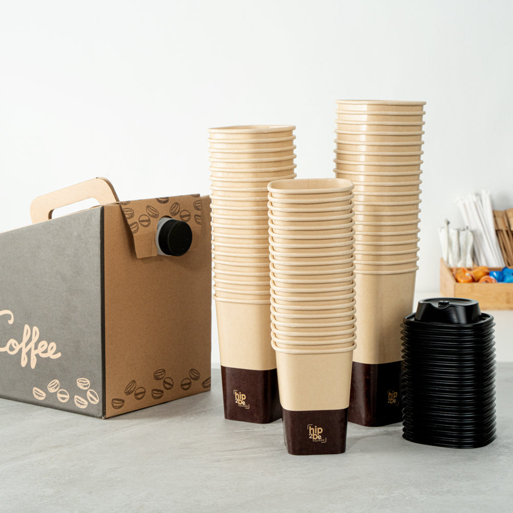Hip 2 Be Square 12 oz Kraft and Brown Paper Hot / Cold Drinking Cup - Single Wall - 3 1/4" x 3 1/4" x 4 1/4" - 25 count box