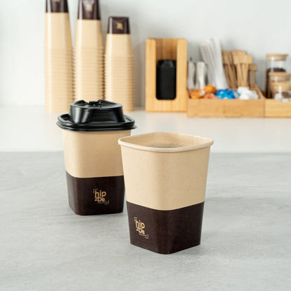 Hip 2 Be Square 12 oz Kraft and Brown Paper Hot / Cold Drinking Cup - Single Wall - 3 1/4" x 3 1/4" x 4 1/4" - 500 count box