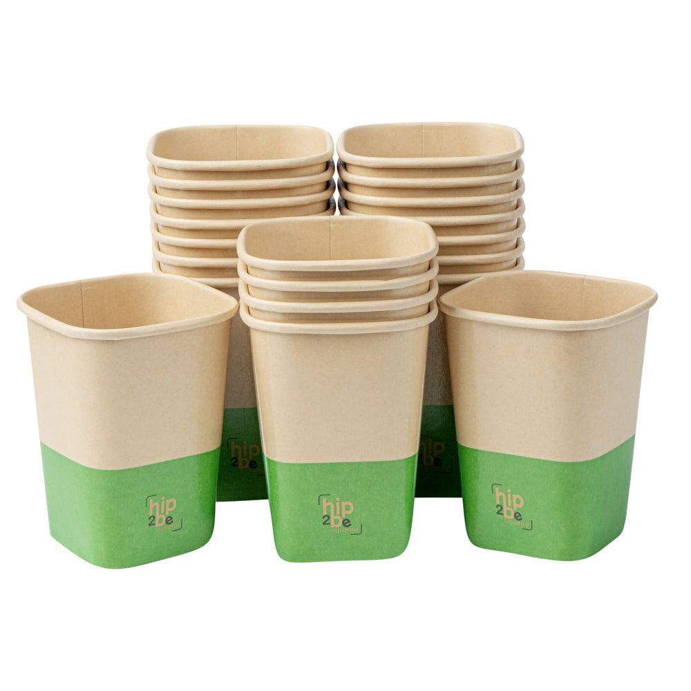 Hip 2 Be Square 12 oz Kraft and Green Paper Hot / Cold Drinking Cup - Single Wall - 3 1/4" x 3 1/4" x 4 1/4" - 25 count box