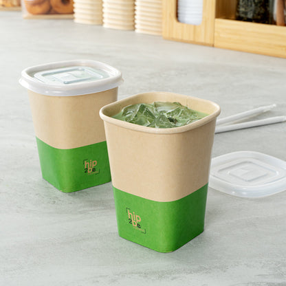 Hip 2 Be Square 12 oz Kraft and Green Paper Hot / Cold Drinking Cup - Single Wall - 3 1/4" x 3 1/4" x 4 1/4" - 25 count box