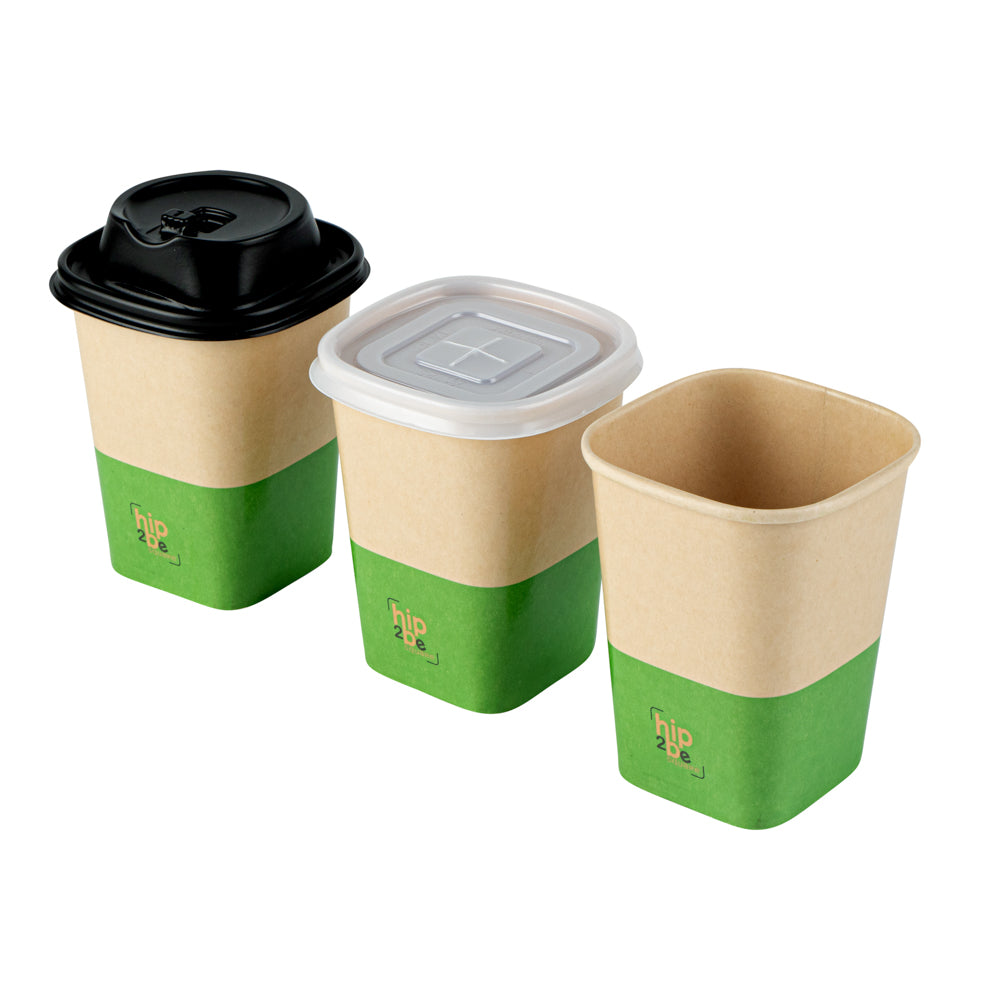 Hip 2 Be Square 12 oz Kraft and Green Paper Hot / Cold Drinking Cup - Single Wall - 3 1/4" x 3 1/4" x 4 1/4" - 25 count box
