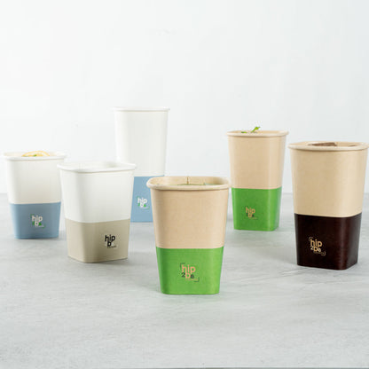 Hip 2 Be Square 12 oz Kraft and Green Paper Hot / Cold Drinking Cup - Single Wall - 3 1/4" x 3 1/4" x 4 1/4" - 25 count box