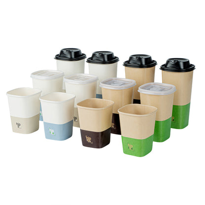 Hip 2 Be Square 12 oz Kraft and Green Paper Hot / Cold Drinking Cup - Single Wall - 3 1/4" x 3 1/4" x 4 1/4" - 500 count box