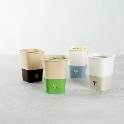 Hip 2 Be Square 12 oz Kraft and Green Paper Hot / Cold Drinking Cup - Single Wall - 3 1/4" x 3 1/4" x 4 1/4" - 500 count box