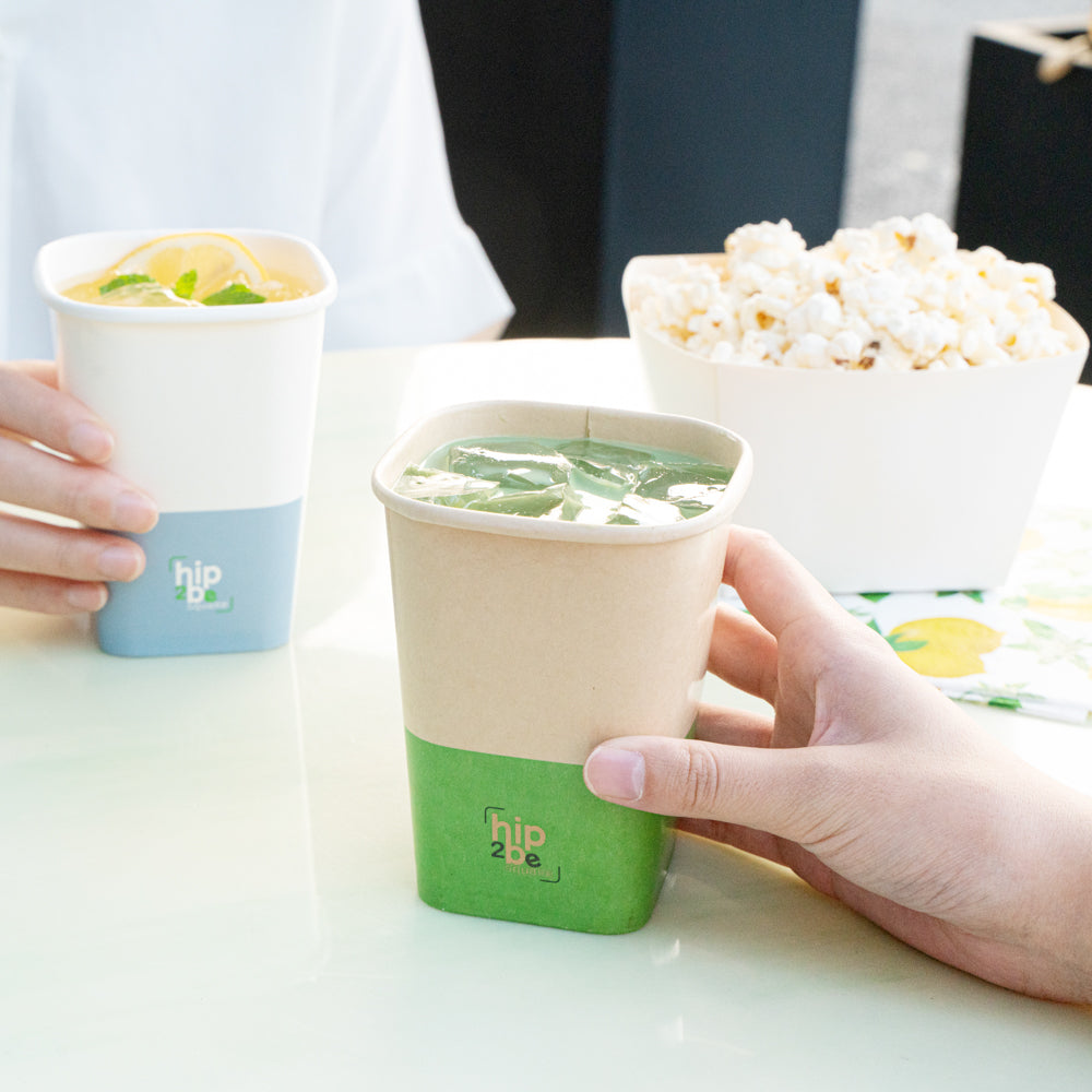 Hip 2 Be Square 12 oz Kraft and Green Paper Hot / Cold Drinking Cup - Single Wall - 3 1/4" x 3 1/4" x 4 1/4" - 500 count box