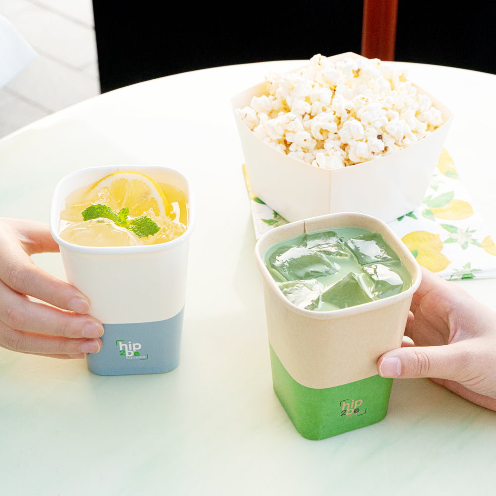 Hip 2 Be Square 12 oz Kraft and Green Paper Hot / Cold Drinking Cup - Single Wall - 3 1/4" x 3 1/4" x 4 1/4" - 500 count box
