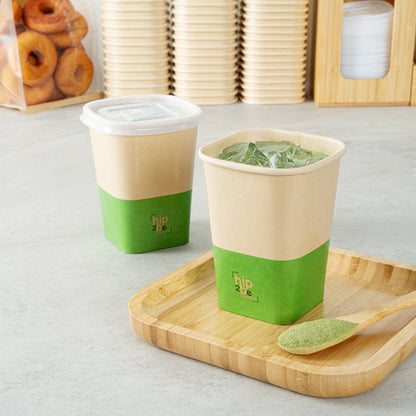 Hip 2 Be Square 12 oz Kraft and Green Paper Hot / Cold Drinking Cup - Single Wall - 3 1/4" x 3 1/4" x 4 1/4" - 500 count box