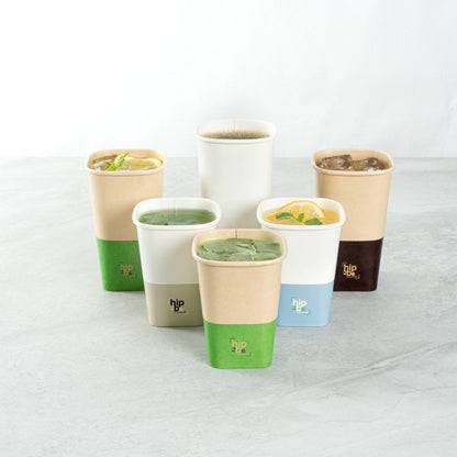 Hip 2 Be Square 12 oz Kraft and Green Paper Hot / Cold Drinking Cup - Single Wall - 3 1/4" x 3 1/4" x 4 1/4" - 500 count box