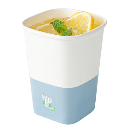 Hip 2 Be Square 12 oz White and Blue Paper Hot / Cold Drinking Cup - Single Wall - 3 1/4" x 3 1/4" x 4 1/4" - 25 count box