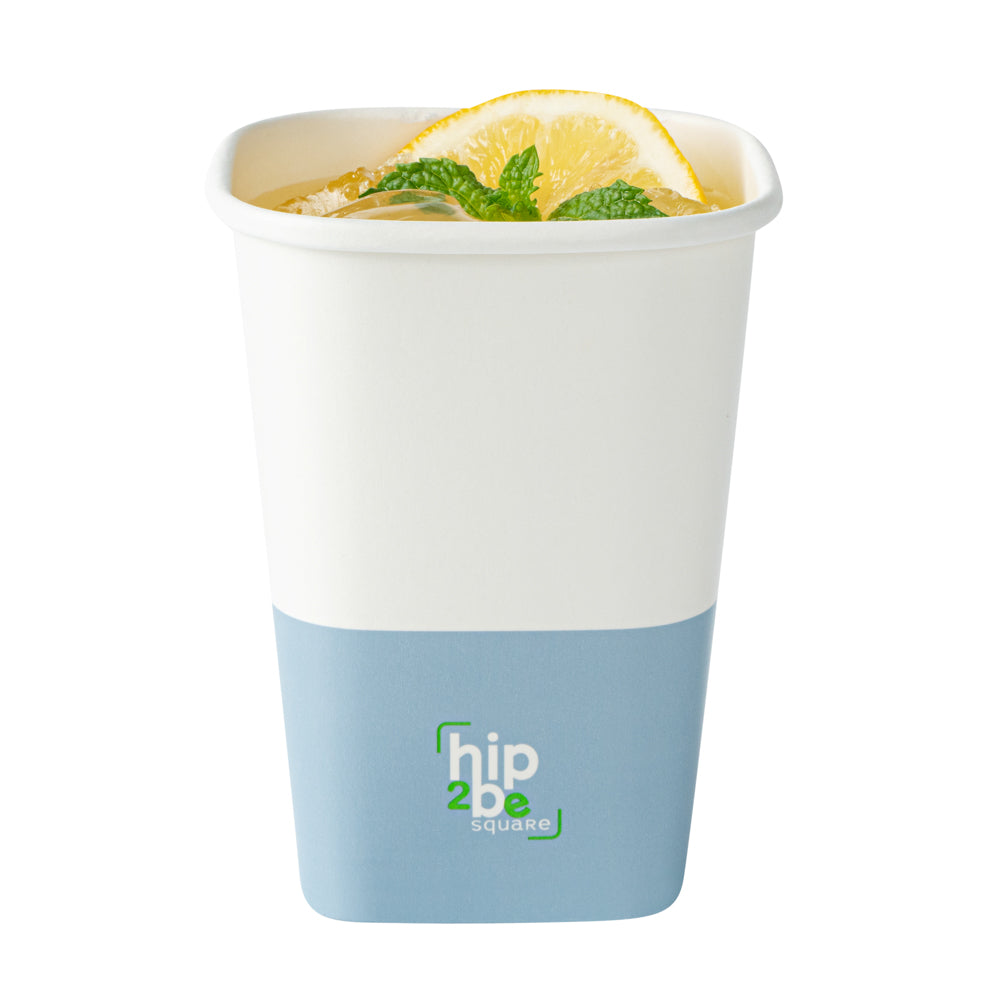 Hip 2 Be Square 12 oz White and Blue Paper Hot / Cold Drinking Cup - Single Wall - 3 1/4" x 3 1/4" x 4 1/4" - 25 count box
