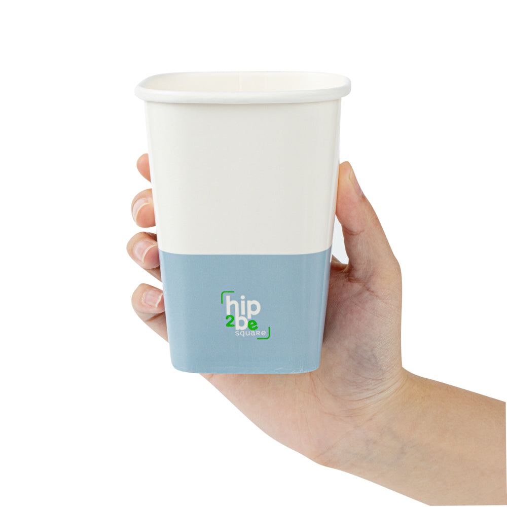Hip 2 Be Square 12 oz White and Blue Paper Hot / Cold Drinking Cup - Single Wall - 3 1/4" x 3 1/4" x 4 1/4" - 25 count box