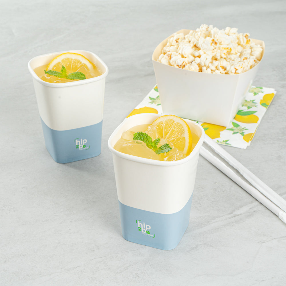 Hip 2 Be Square 12 oz White and Blue Paper Hot / Cold Drinking Cup - Single Wall - 3 1/4" x 3 1/4" x 4 1/4" - 25 count box