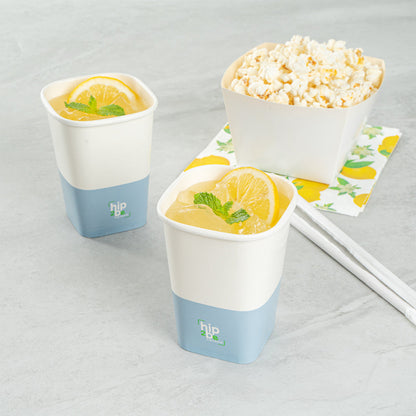 Hip 2 Be Square 12 oz White and Blue Paper Hot / Cold Drinking Cup - Single Wall - 3 1/4" x 3 1/4" x 4 1/4" - 25 count box