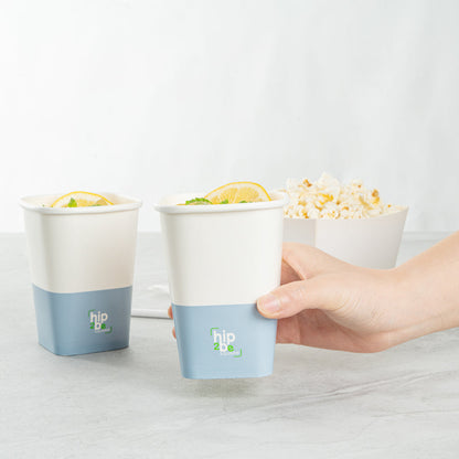 Hip 2 Be Square 12 oz White and Blue Paper Hot / Cold Drinking Cup - Single Wall - 3 1/4" x 3 1/4" x 4 1/4" - 25 count box