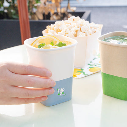 Hip 2 Be Square 12 oz White and Blue Paper Hot / Cold Drinking Cup - Single Wall - 3 1/4" x 3 1/4" x 4 1/4" - 25 count box
