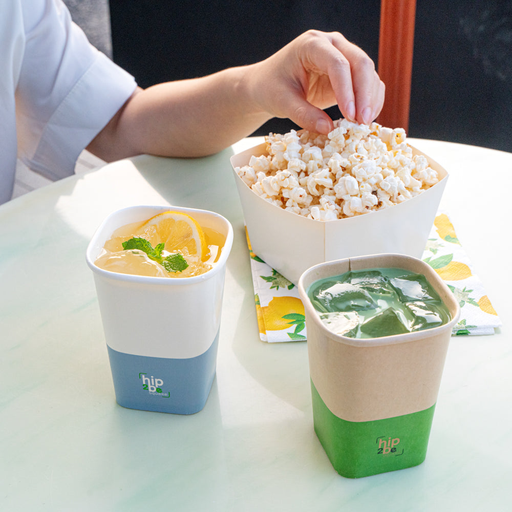 Hip 2 Be Square 12 oz White and Blue Paper Hot / Cold Drinking Cup - Single Wall - 3 1/4" x 3 1/4" x 4 1/4" - 25 count box