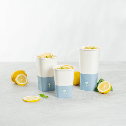 Hip 2 Be Square 12 oz White and Blue Paper Hot / Cold Drinking Cup - Single Wall - 3 1/4" x 3 1/4" x 4 1/4" - 25 count box