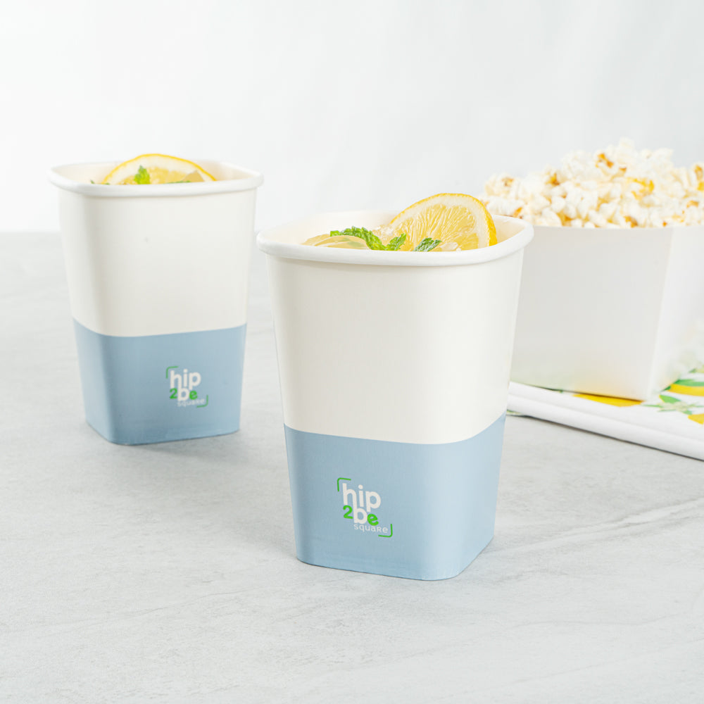 Hip 2 Be Square 12 oz White and Blue Paper Hot / Cold Drinking Cup - Single Wall - 3 1/4" x 3 1/4" x 4 1/4" - 500 count box