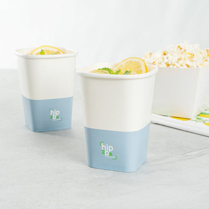 Hip 2 Be Square 12 oz White and Blue Paper Hot / Cold Drinking Cup - Single Wall - 3 1/4" x 3 1/4" x 4 1/4" - 500 count box