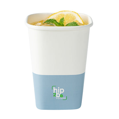 Hip 2 Be Square 12 oz White and Blue Paper Hot / Cold Drinking Cup - Single Wall - 3 1/4" x 3 1/4" x 4 1/4" - 500 count box